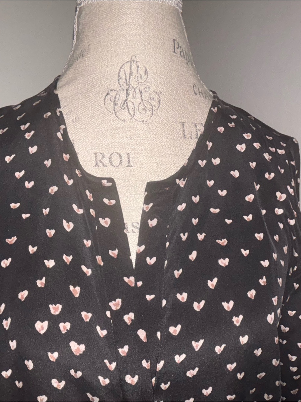 Joie Black Silk with Pink Heart Print long Sleeve Split-Neck Button Up Blouse